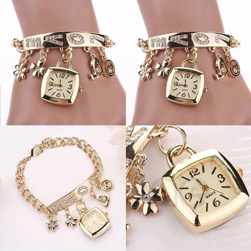 watch women Women Love Letters Rhinestone Inlaid Chain Bracelet Flower Pendant Wrist watch reloj mujer Ladies Dress Watches Gift