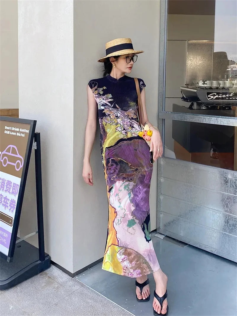 Womens Dresses Woman Clothes Miyake High-grade Pleated Print Dress Chinese National Style Cheongsam Skirt Fishtail Skirt Summer