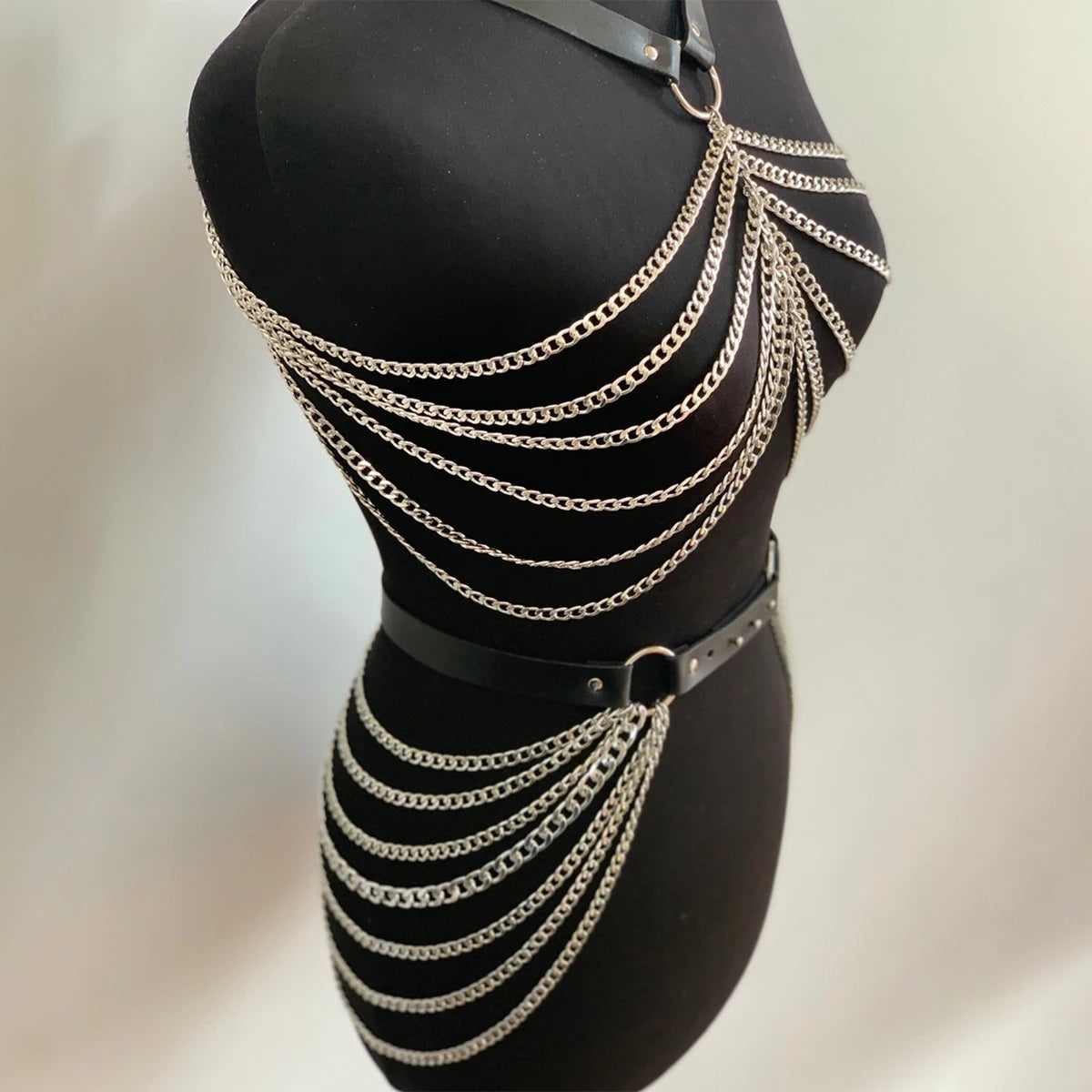 Fashion Body Chain Set: Leather belt paired with cage-style chest harness accessory, perfectly complements carnival outfits