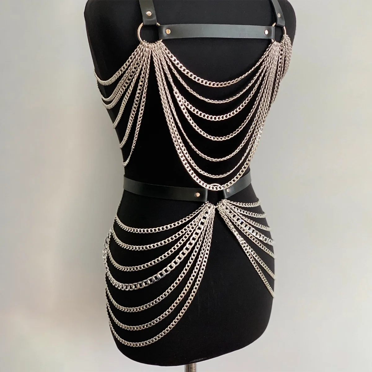 Fashion Body Chain Set: Leather belt paired with cage-style chest harness accessory, perfectly complements carnival outfits