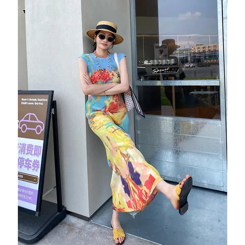 Womens Dresses Woman Clothes Miyake High-grade Pleated Print Dress Chinese National Style Cheongsam Skirt Fishtail Skirt Summer