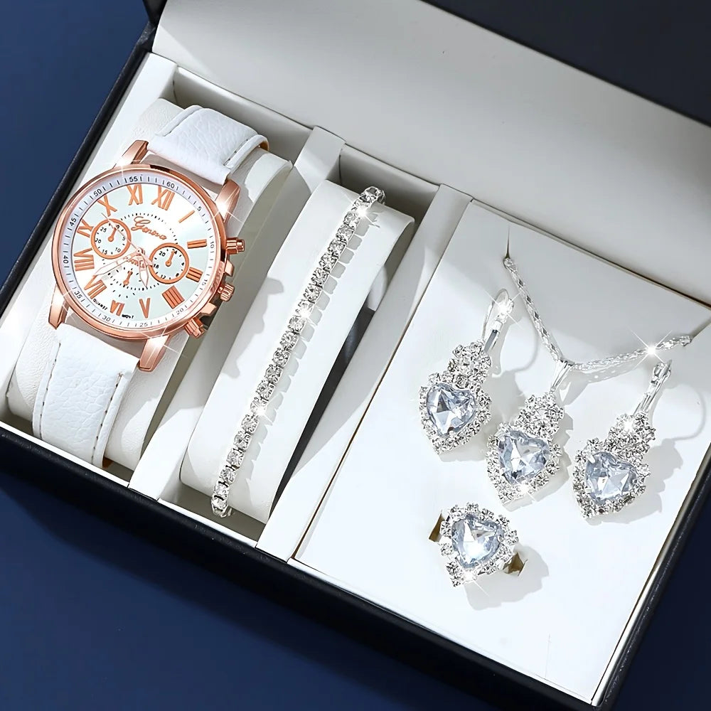 Fashion quartz watch and jewelry set, shock resistant circular analog digital display, PU leather strap, zinc alloy case