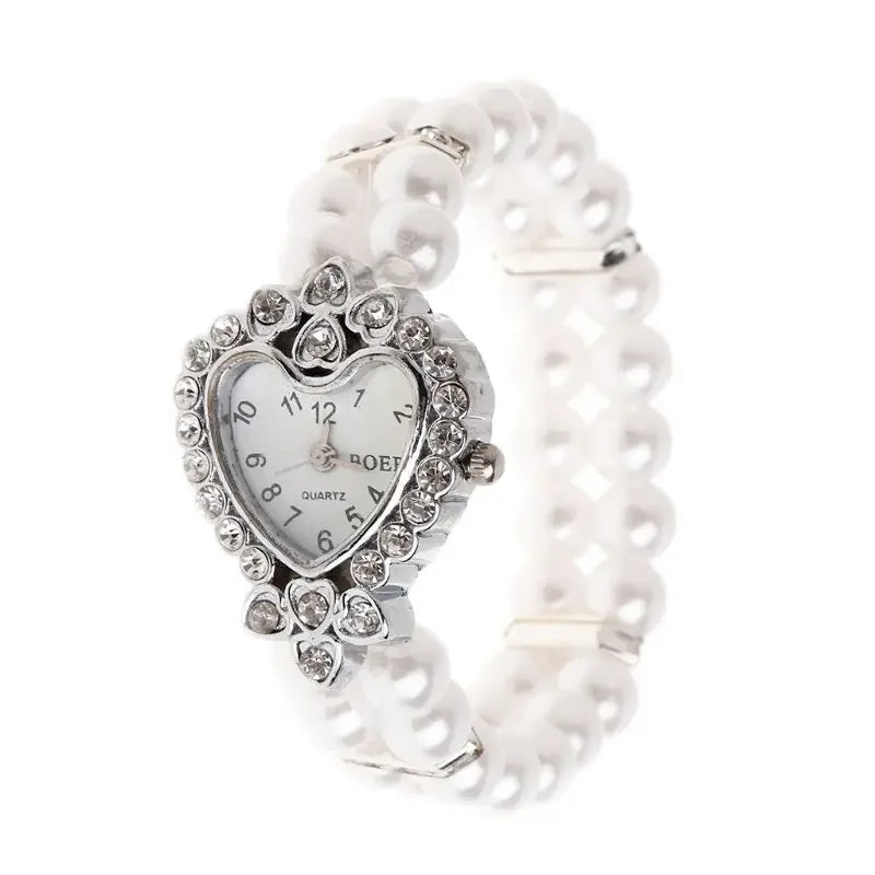 Women Watch Simulated Pearl Rhinestone Luxury Fashion Elegant Wrist Band Bracelet Fashion Jewelry Gifts Ladies Elastic Charms