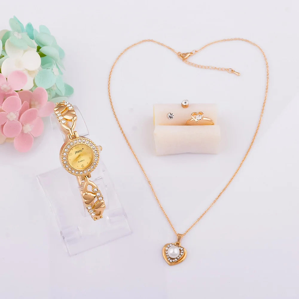 2025 New Women Bracelet Watch Set Gold Silver Crystal Necklace Ring Earrings Quartz Watch Female Jewelry Set Gifts Box For Women