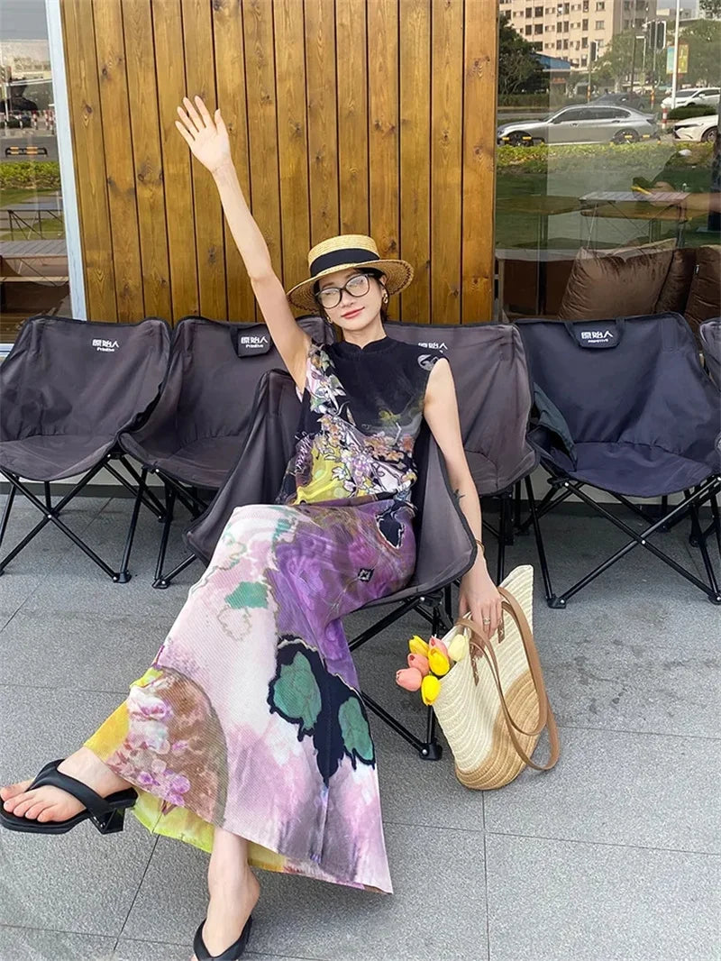 Womens Dresses Woman Clothes Miyake High-grade Pleated Print Dress Chinese National Style Cheongsam Skirt Fishtail Skirt Summer