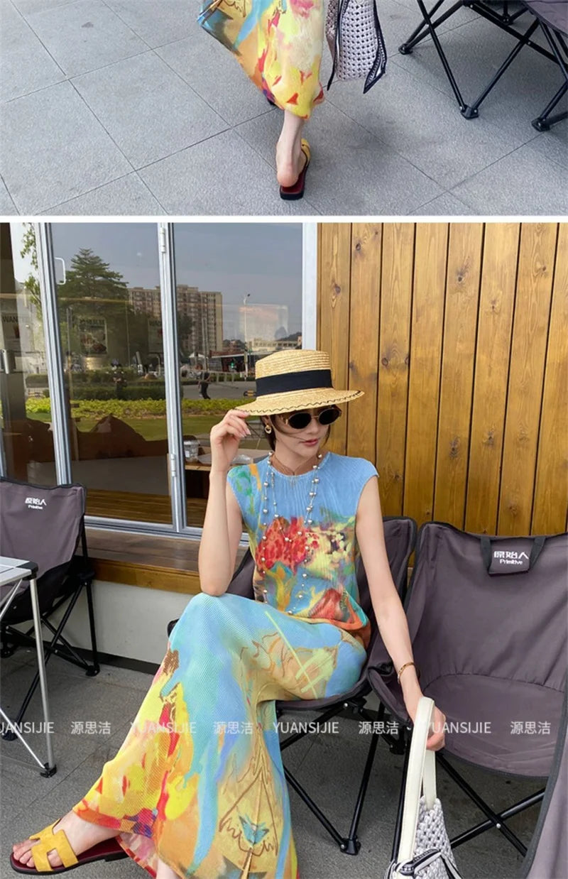 Womens Dresses Woman Clothes Miyake High-grade Pleated Print Dress Chinese National Style Cheongsam Skirt Fishtail Skirt Summer