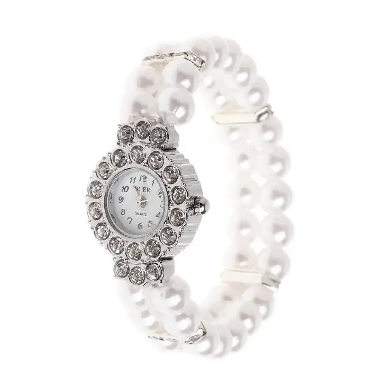 Women Watch Simulated Pearl Rhinestone Luxury Fashion Elegant Wrist Band Bracelet Fashion Jewelry Gifts Ladies Elastic Charms