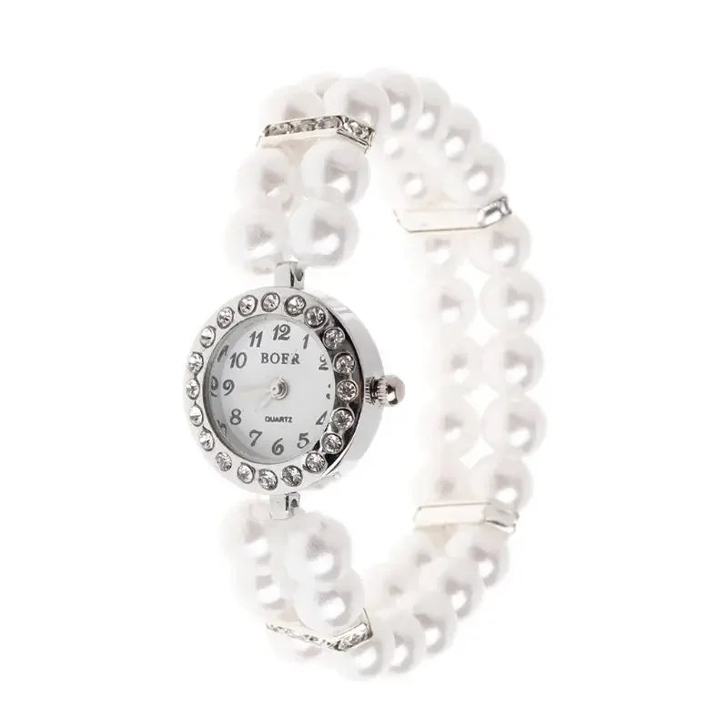 Women Watch Simulated Pearl Rhinestone Luxury Fashion Elegant Wrist Band Bracelet Fashion Jewelry Gifts Ladies Elastic Charms