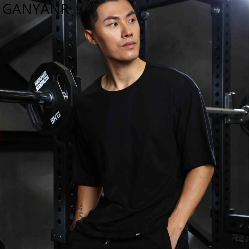GANYANR Active Wear Men Running T-shirt Fitness Sportswear Short Sleeve Gym Bodybuilding Sports Jogging Training Yoga Dry Fit