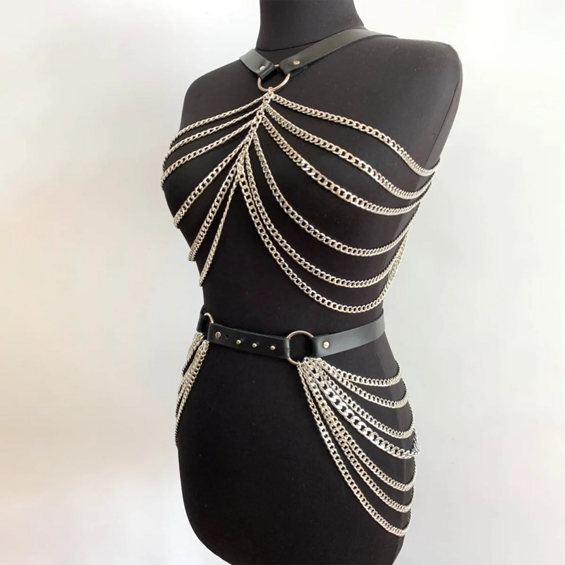 Fashion Body Chain Set: Leather belt paired with cage-style chest harness accessory, perfectly complements  carnival outfits