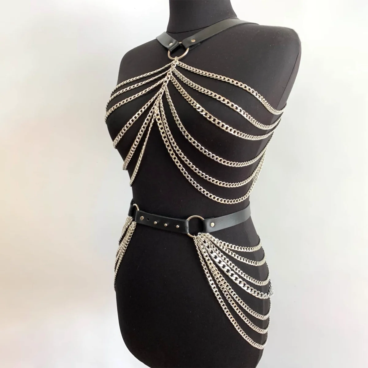 Fashion Body Chain Set: Leather belt paired with cage-style chest harness accessory, perfectly complements  carnival outfits