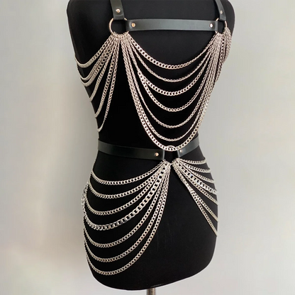 Fashion Body Chain Set: Leather belt paired with cage-style chest harness accessory, perfectly complements  carnival outfits