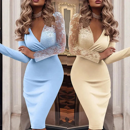 Evening Dresses for Women Spring Autumn Elegant Sexy Bodycon Dress Deep V-neck Long Sleeve Lace Formal Party Prom Gowns Vestidos
