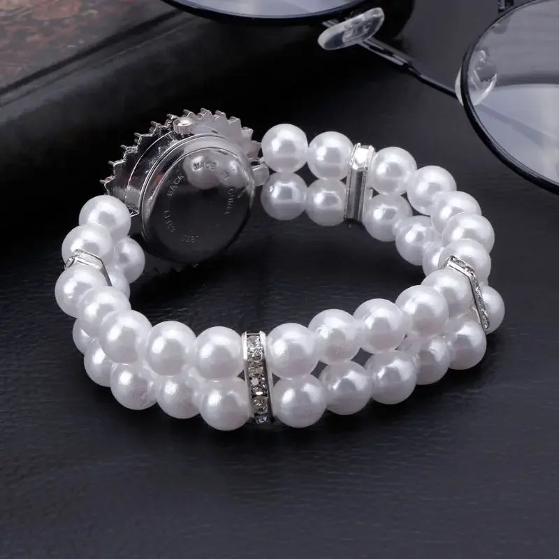 Women Watch Simulated Pearl Rhinestone Luxury Fashion Elegant Wrist Band Bracelet Fashion Jewelry Gifts Ladies Elastic Charms