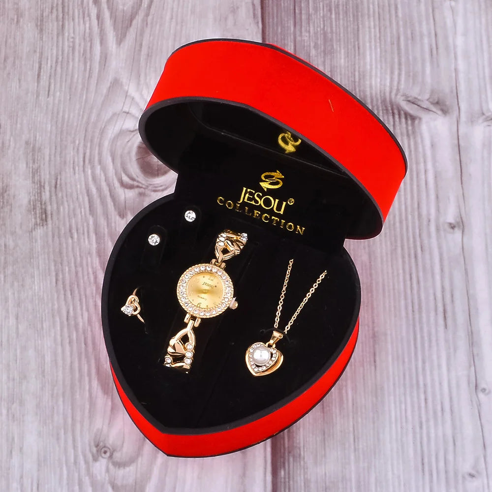 2025 New Women Bracelet Watch Set Gold Silver Crystal Necklace Ring Earrings Quartz Watch Female Jewelry Set Gifts Box For Women
