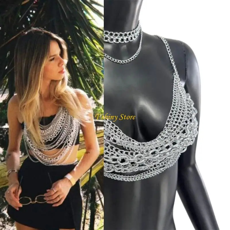 N58F Fashion Body Chain Music Festival Accessory Tassels Chest Chain Party Decoration