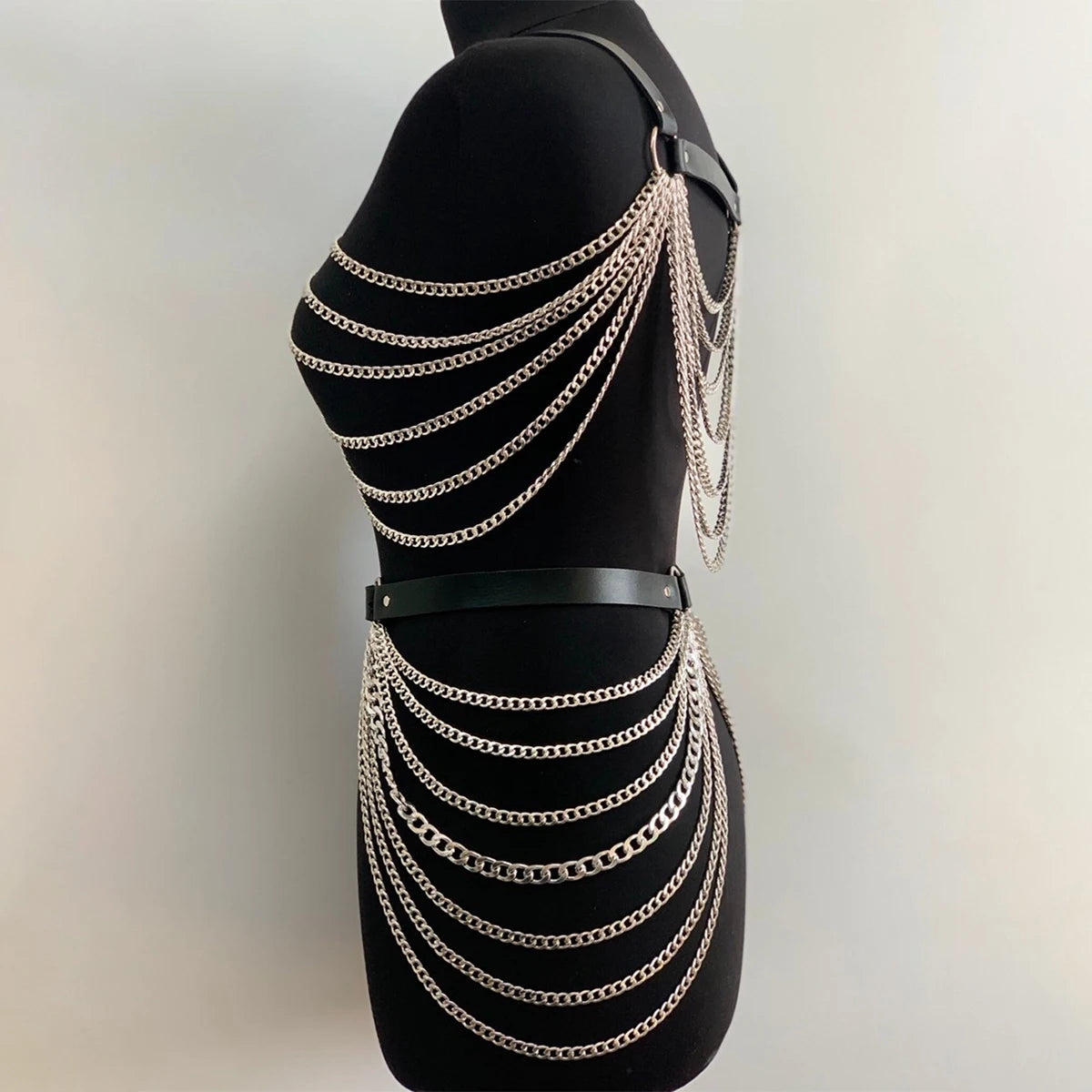 Fashion Body Chain Set: Leather belt paired with cage-style chest harness accessory, perfectly complements  carnival outfits