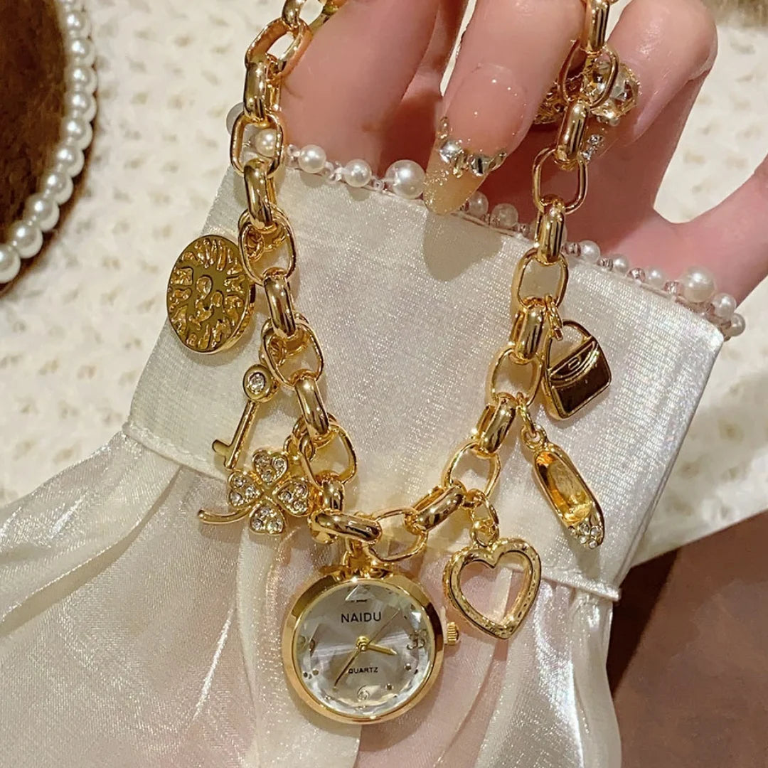 Love Charm Bracelet Watch Fashion Gold Silver Quartz Wristwatch Elegant Waterproof Jewelry Gift for Women Relojes De Mujer