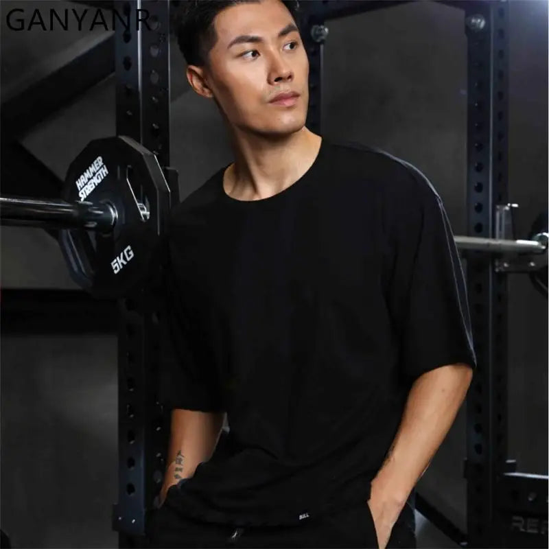 GANYANR Active Wear Men Running T-shirt Fitness Sportswear Short Sleeve Gym Bodybuilding Sports Jogging Training Yoga Dry Fit
