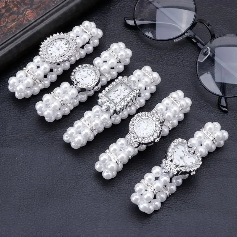 Women Watch Simulated Pearl Rhinestone Luxury Fashion Elegant Wrist Band Bracelet Fashion Jewelry Gifts Ladies Elastic Charms