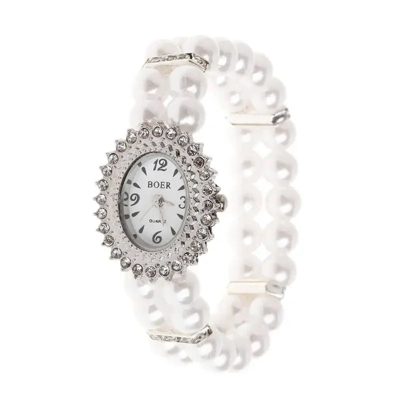 Women Watch Simulated Pearl Rhinestone Luxury Fashion Elegant Wrist Band Bracelet Fashion Jewelry Gifts Ladies Elastic Charms