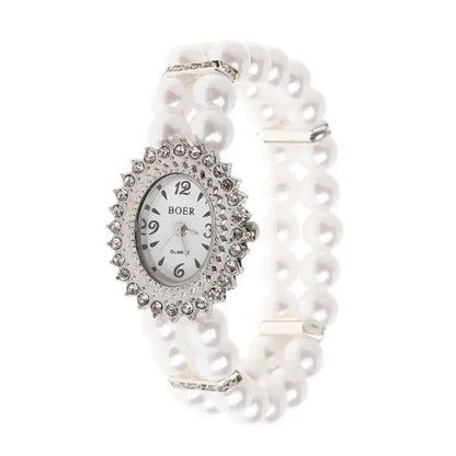 Women Watch Simulated Pearl Rhinestone Luxury Fashion Elegant Wrist Band Bracelet Fashion Jewelry Gifts Ladies Elastic Charms