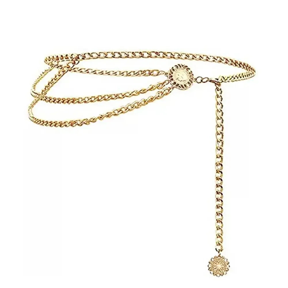 Antique Jewelry Ethnic Style Body Chain Adjustable Retro Metal Chain Belt Body Accessory Sunflower Round Waist Chain Women