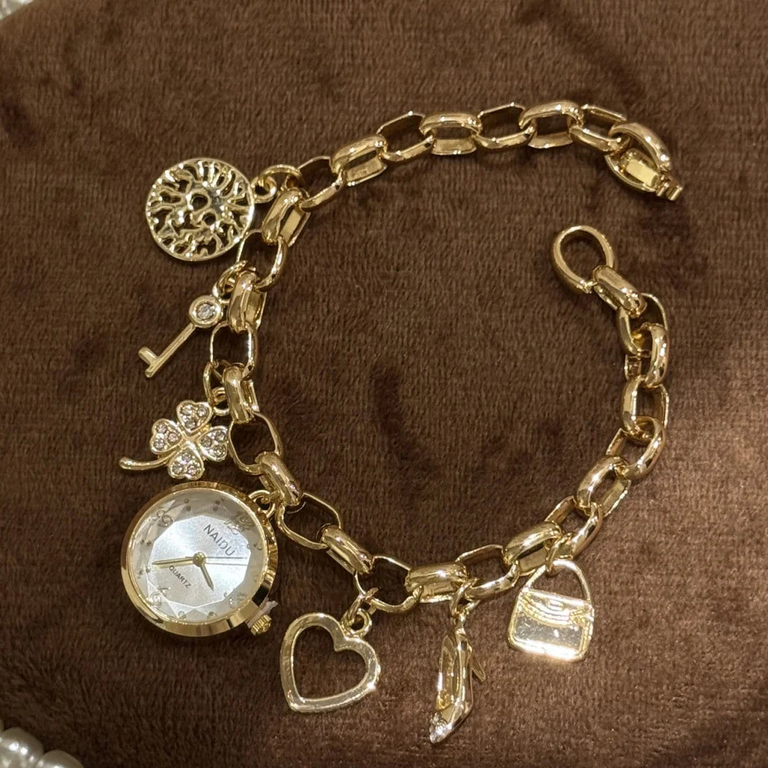 Love Charm Bracelet Watch Fashion Gold Silver Quartz Wristwatch Elegant Waterproof Jewelry Gift for Women Relojes De Mujer