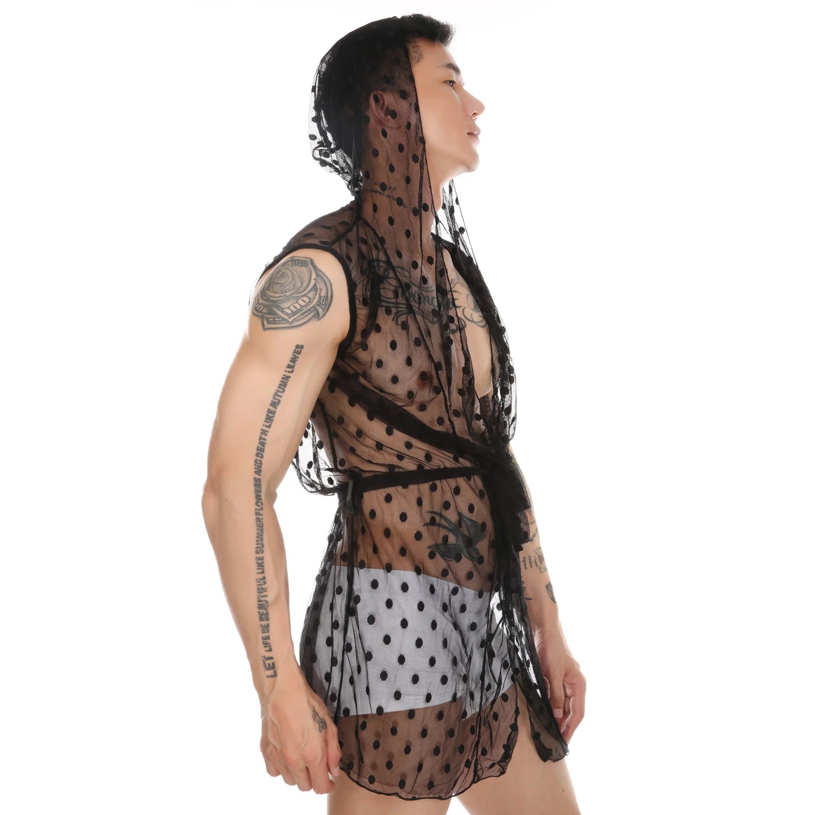 Men Robes Mesh Lace Homewear Sexy Sleepwear Nightwear Nightgown See Through Hooded Long Transparent Leisure Bathrobes