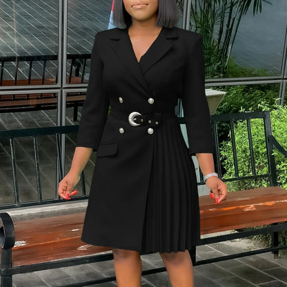 Elegant Dresses for Woman 2024 Autumn Winter New Trends Notched Collar Full Sleeve Sashes Pleated Mid Calf Solid Fashion Dress