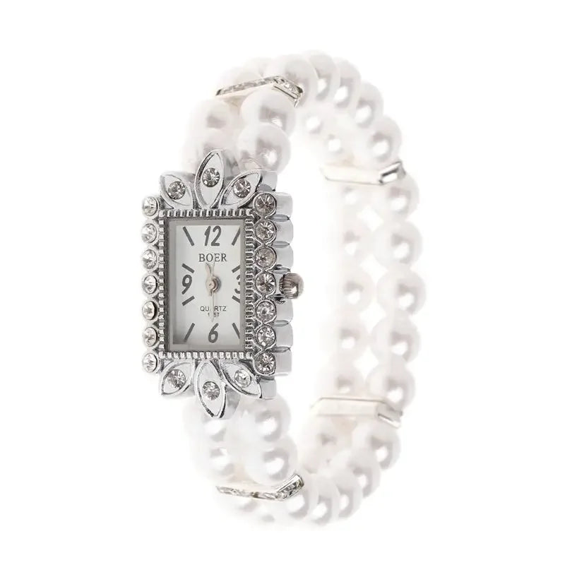 Women Watch Simulated Pearl Rhinestone Luxury Fashion Elegant Wrist Band Bracelet Fashion Jewelry Gifts Ladies Elastic Charms