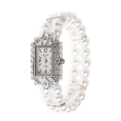 Women Watch Simulated Pearl Rhinestone Luxury Fashion Elegant Wrist Band Bracelet Fashion Jewelry Gifts Ladies Elastic Charms
