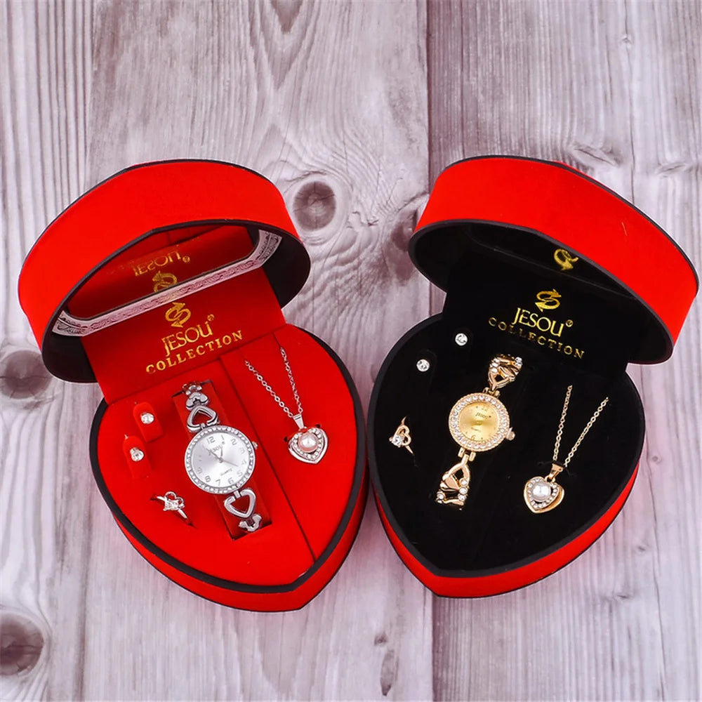 2025 New Women Bracelet Watch Set Gold Silver Crystal Necklace Ring Earrings Quartz Watch Female Jewelry Set Gifts Box For Women