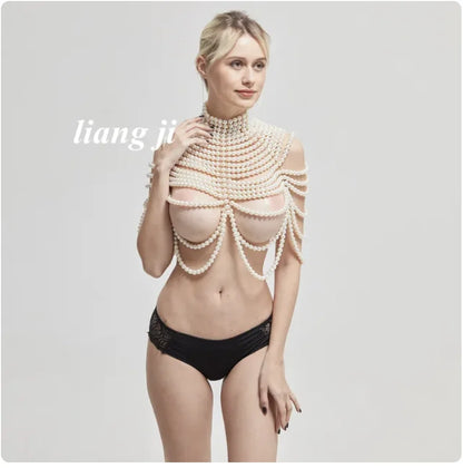 Sexy Accessories Women Bikini Pearl Chest chain Body Chain Jewelry Totally Hand-made Bra Fringed For Beach Nightclub Waist Chain