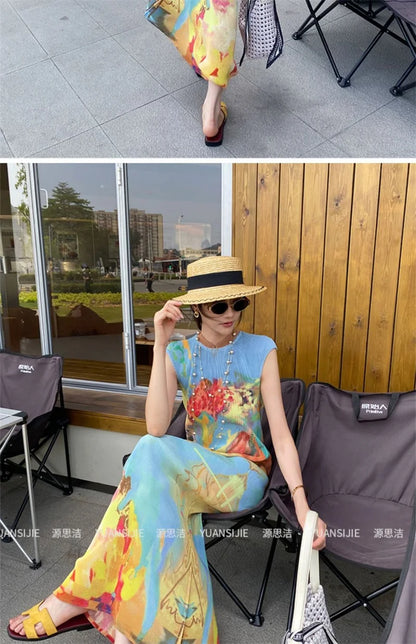 Womens Dresses Woman Clothes  Miyake High-grade Pleated Print Dress Chinese National Style Cheongsam Skirt Fishtail Skirt Summer