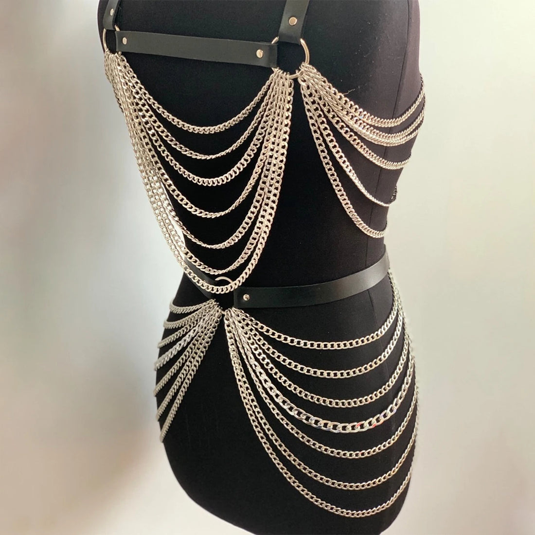 Fashion Body Chain Set: Leather belt paired with cage-style chest harness accessory, perfectly complements  carnival outfits