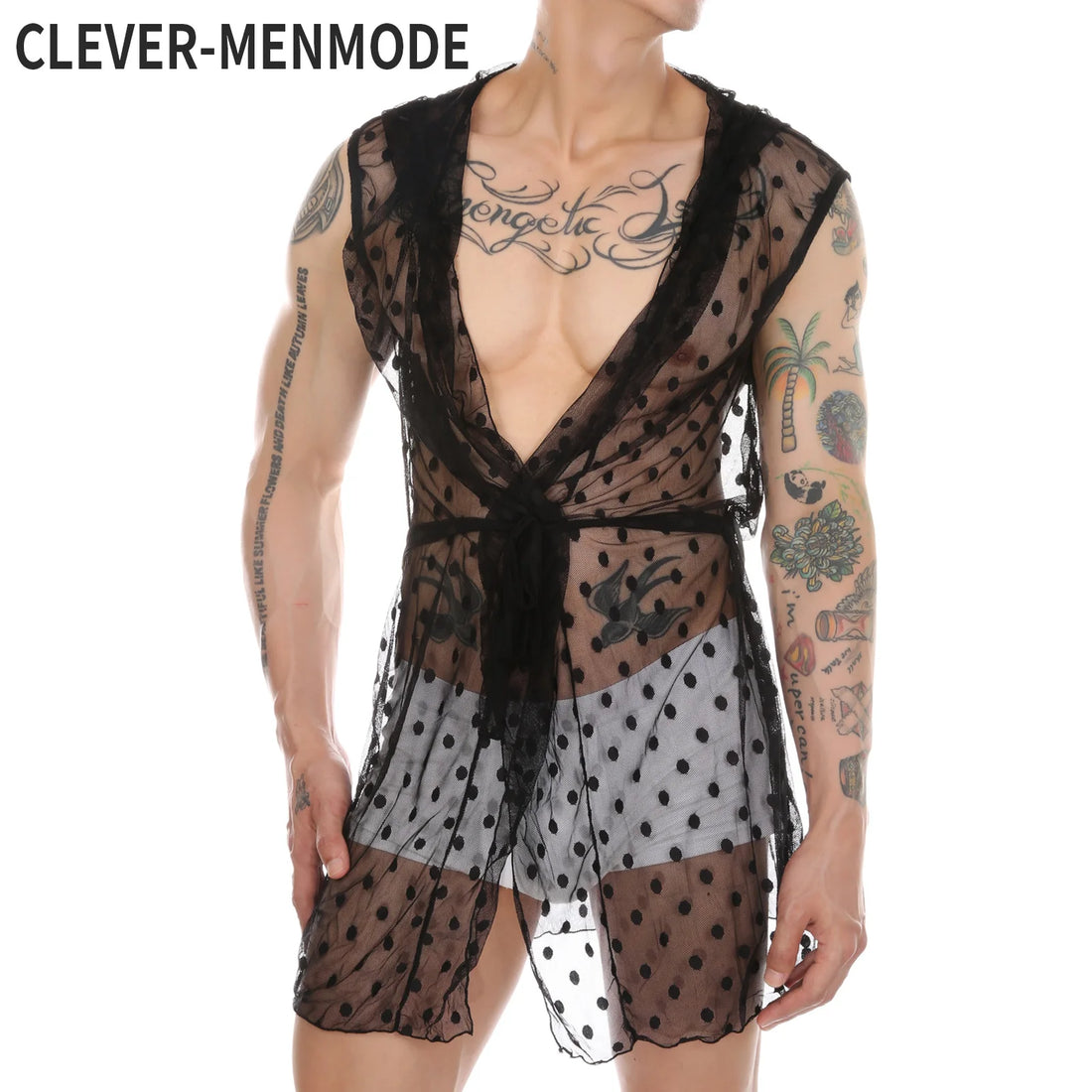 Men Robes Mesh Lace Homewear Sexy Sleepwear Nightwear Nightgown See Through Hooded Long Transparent Leisure Bathrobes
