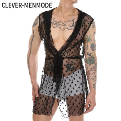 Men Robes Mesh Lace Homewear Sexy Sleepwear Nightwear Nightgown See Through Hooded Long Transparent Leisure Bathrobes