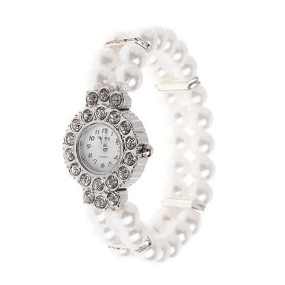 Women Watch Simulated Pearl Rhinestone Luxury Fashion Elegant Wrist Band Bracelet Fashion Jewelry Gifts Ladies Elastic Charms