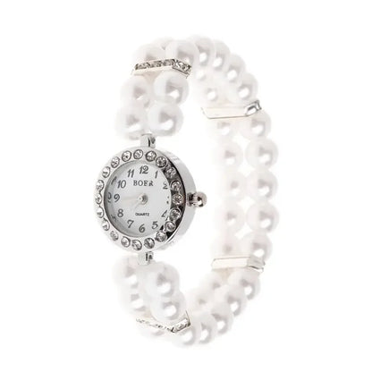 Women Watch Simulated Pearl Rhinestone Luxury Fashion Elegant Wrist Band Bracelet Fashion Jewelry Gifts Ladies Elastic Charms