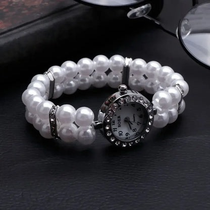 Women Watch Simulated Pearl Rhinestone Luxury Fashion Elegant Wrist Band Bracelet Fashion Jewelry Gifts Ladies Elastic Charms